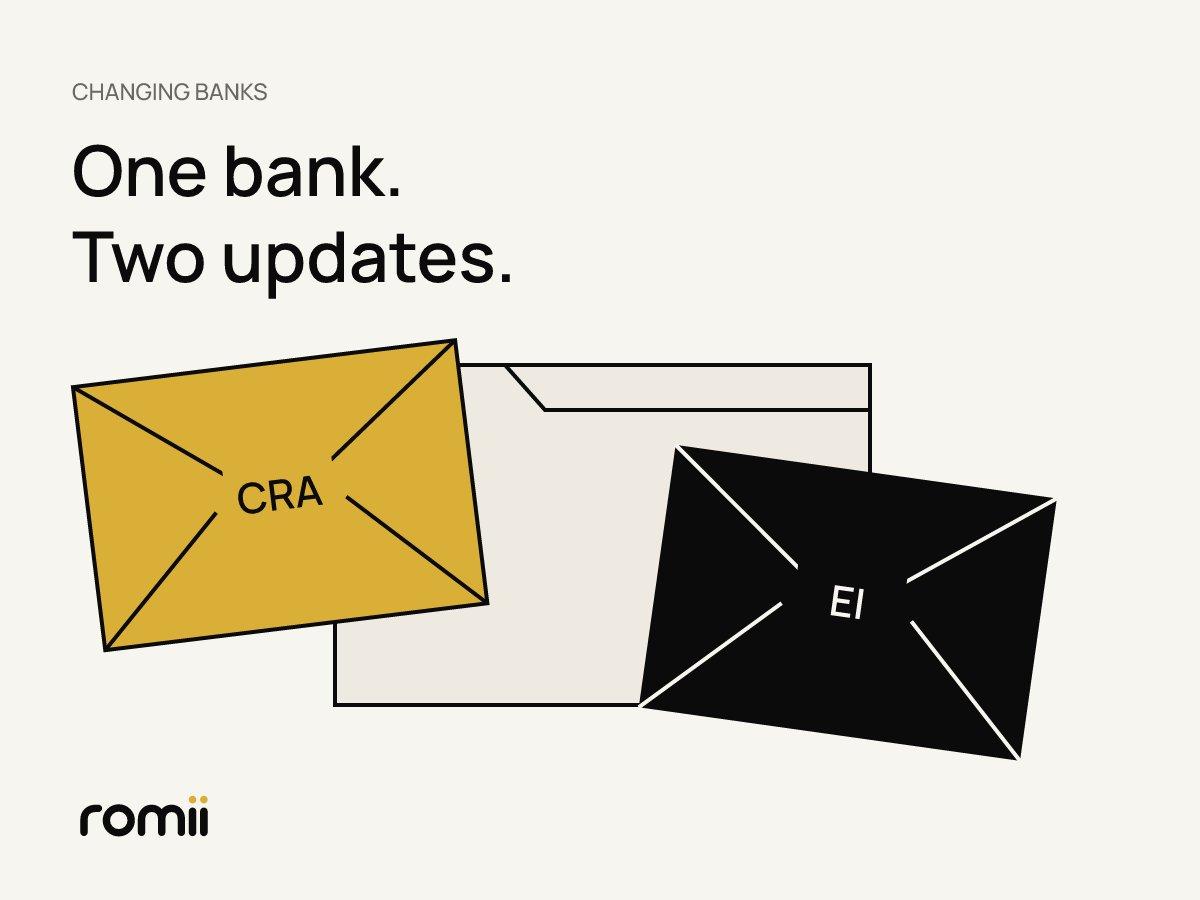 Two separate envelopes labelled CRA and EI beside one plain bank folder, illustrating that each payer needs its own direct-deposit update.