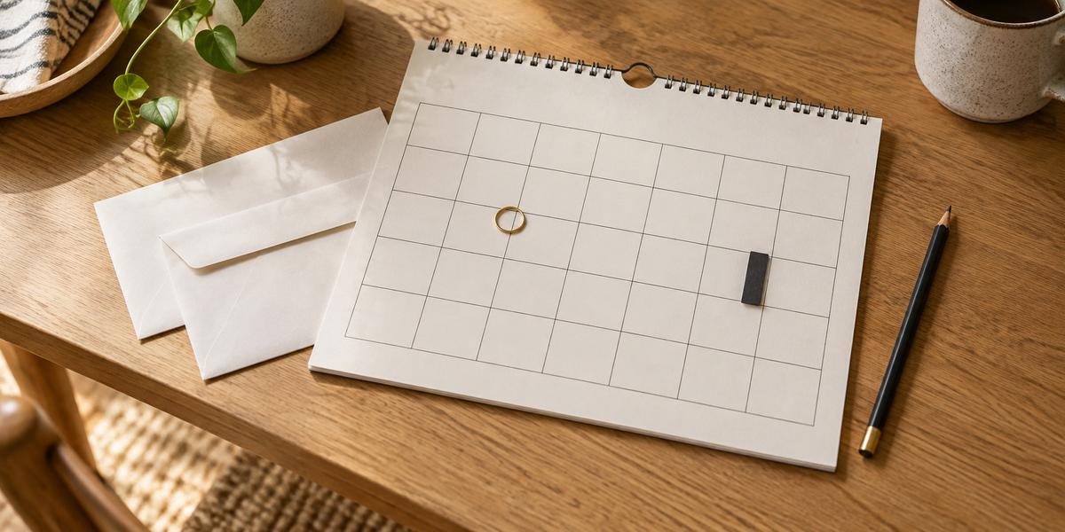 An ivory calendar with two date markers, envelopes and a pencil on a wooden table.