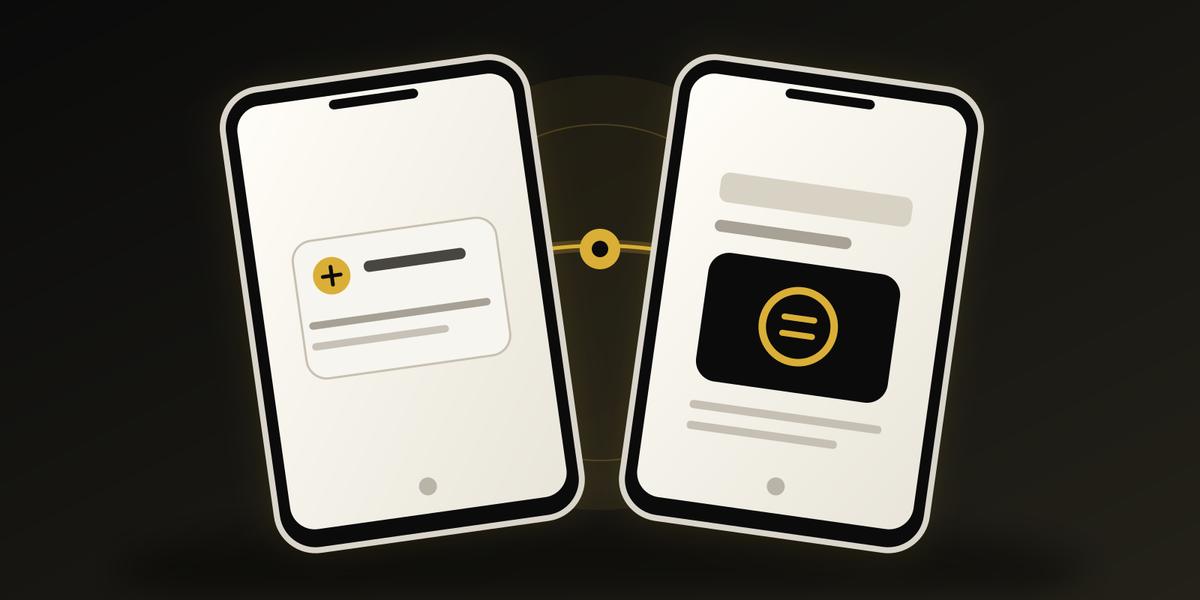 Illustration of two phones linked by a transfer path, with a notice on one screen and a bank account on the other