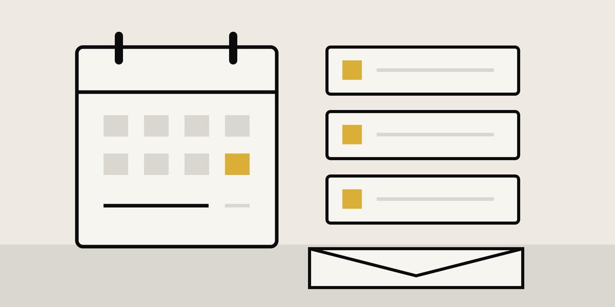 Illustration of an open calendar beside three plain record cards and an envelope, representing the claim, report and payment records to check.