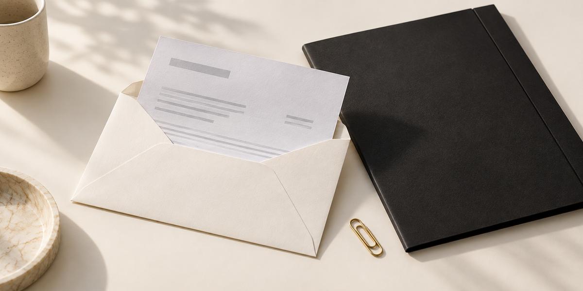 An open ivory envelope and unbranded paper beside a black document folder and a gold paperclip.