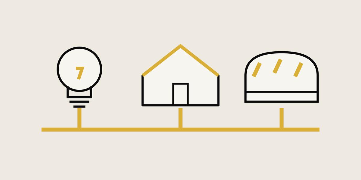 An original flat composition of a utility bulb, a food loaf and a simple house outline, showing different kinds of assistance rather than a promise of cash.