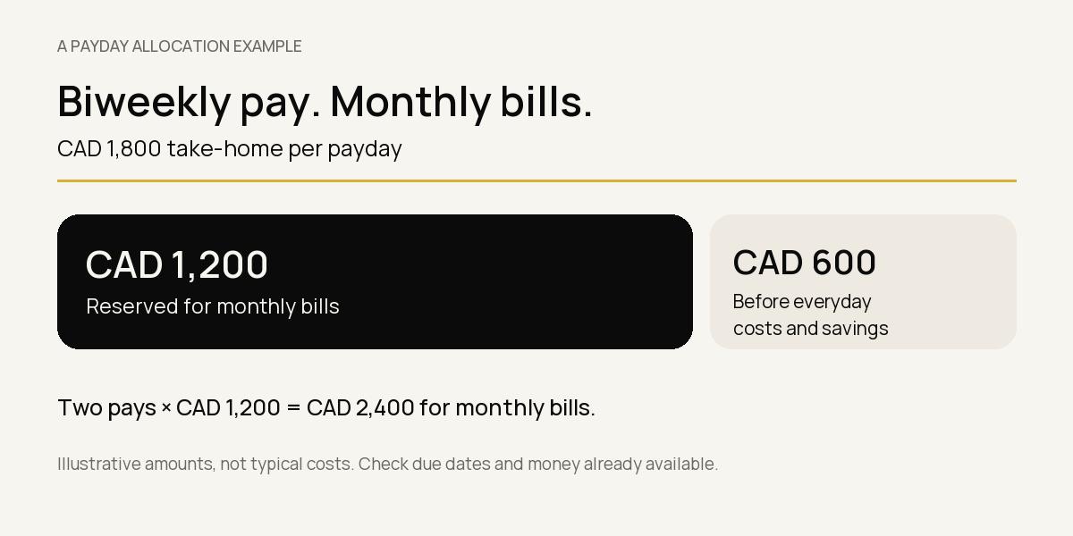 Illustrative CAD 1,800 payday: reserve CAD 1,200 for monthly bills, leaving CAD 600 before everyday costs and savings. Two reservations cover CAD 2,400 of bills.