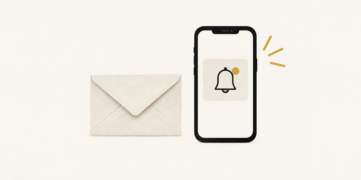 An illustrative phone showing a bell notification beside an envelope on an ivory background, with gold accents.