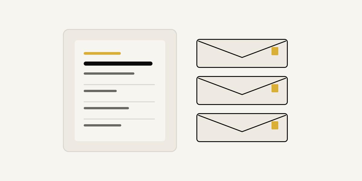 Illustration of one annual benefit paper beside three plain envelopes, representing a yearly credit and advance instalments