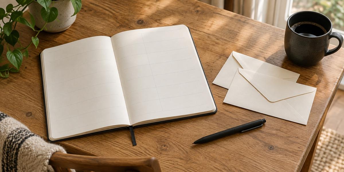 An open planner, two envelopes, a pen and coffee on a wooden table by a window.
