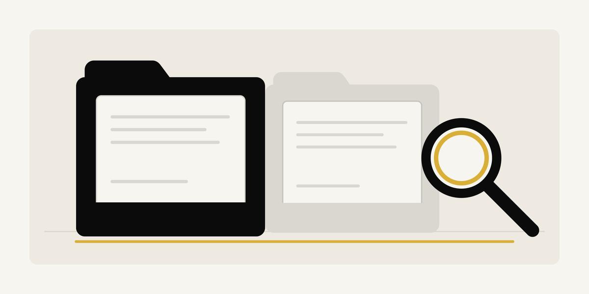 Illustration of two plain, unlabeled report folders with a magnifier, representing a check of both Canadian credit bureau files.