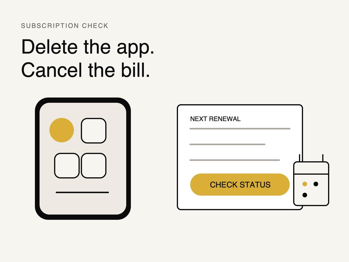 A phone beside a renewal receipt and a small calendar, illustrating that deleting an app and cancelling its subscription are separate steps.