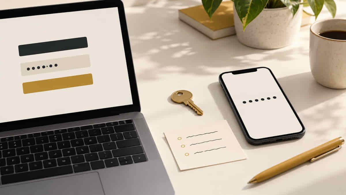 A laptop, phone and key arranged on a desk to represent choosing the correct CRA account recovery route.
