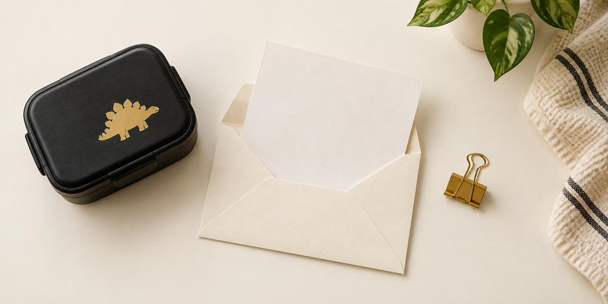 A blank letter and envelope beside a child’s black lunchbox and a gold binder clip.