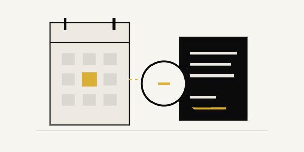 A calendar beside an abstract receiving record and a magnifying glass, illustrating the difference between a scheduled payment and a received deposit.