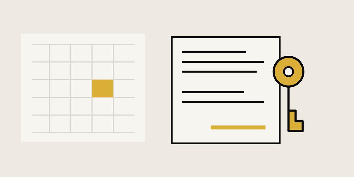 An original flat editorial composition of a house key, an unnumbered date grid and a rent notice. No real lease or legal notice is reproduced.