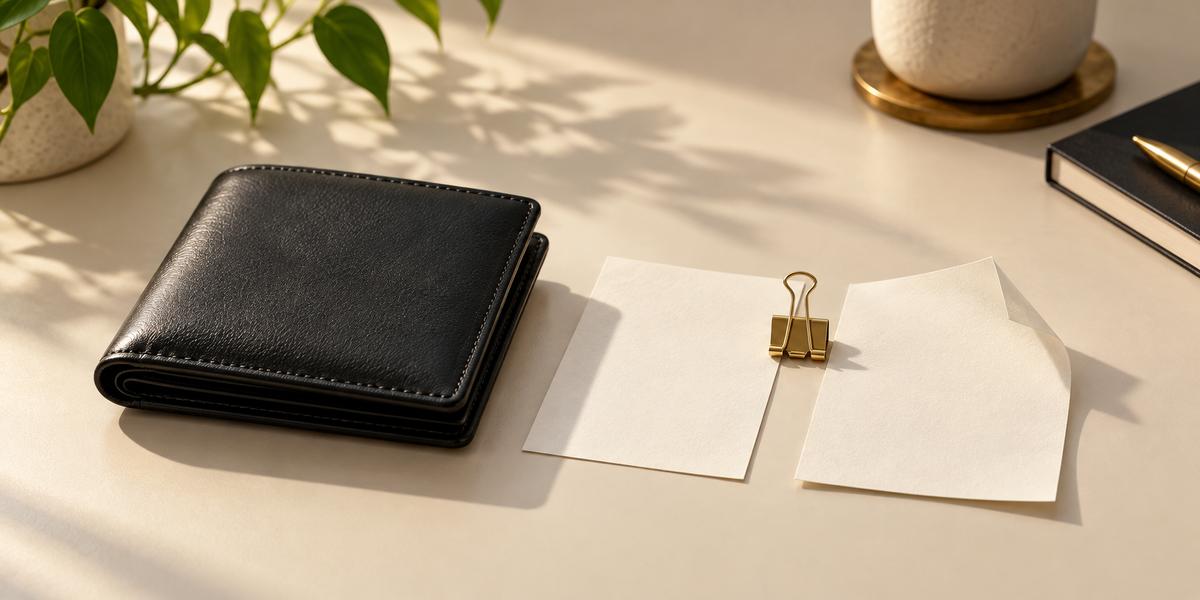 A closed black wallet beside two blank ivory payment slips and a gold binder clip.