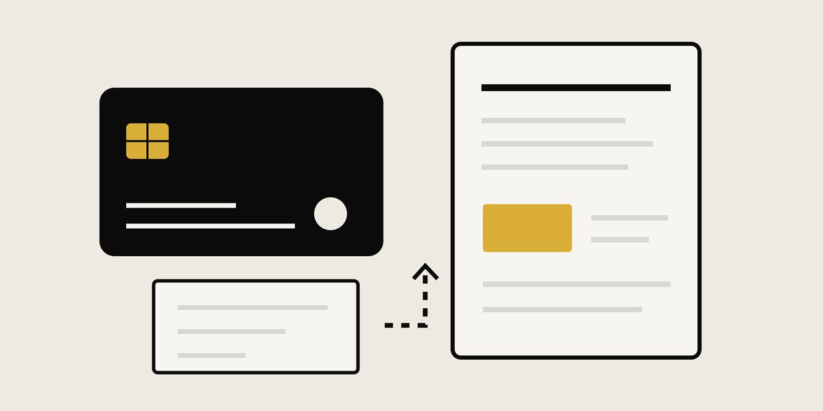 Illustration of a plain payment card beside a statement and payment slip, representing the records to compare when a card payment appears overdue.
