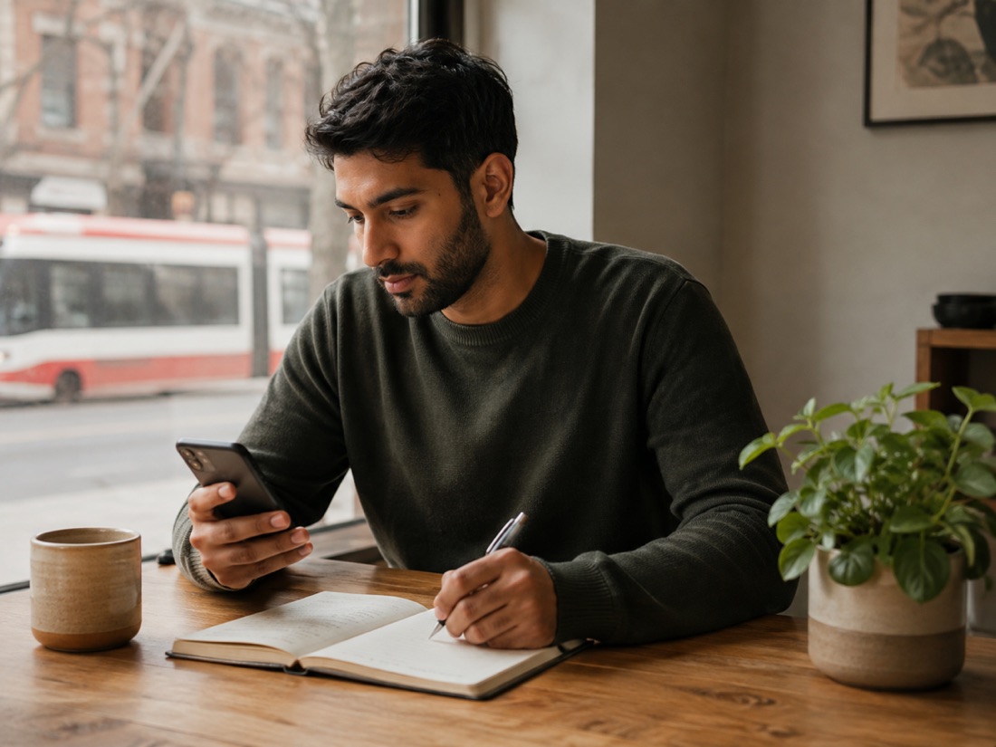 A person reviewing notes beside a city window